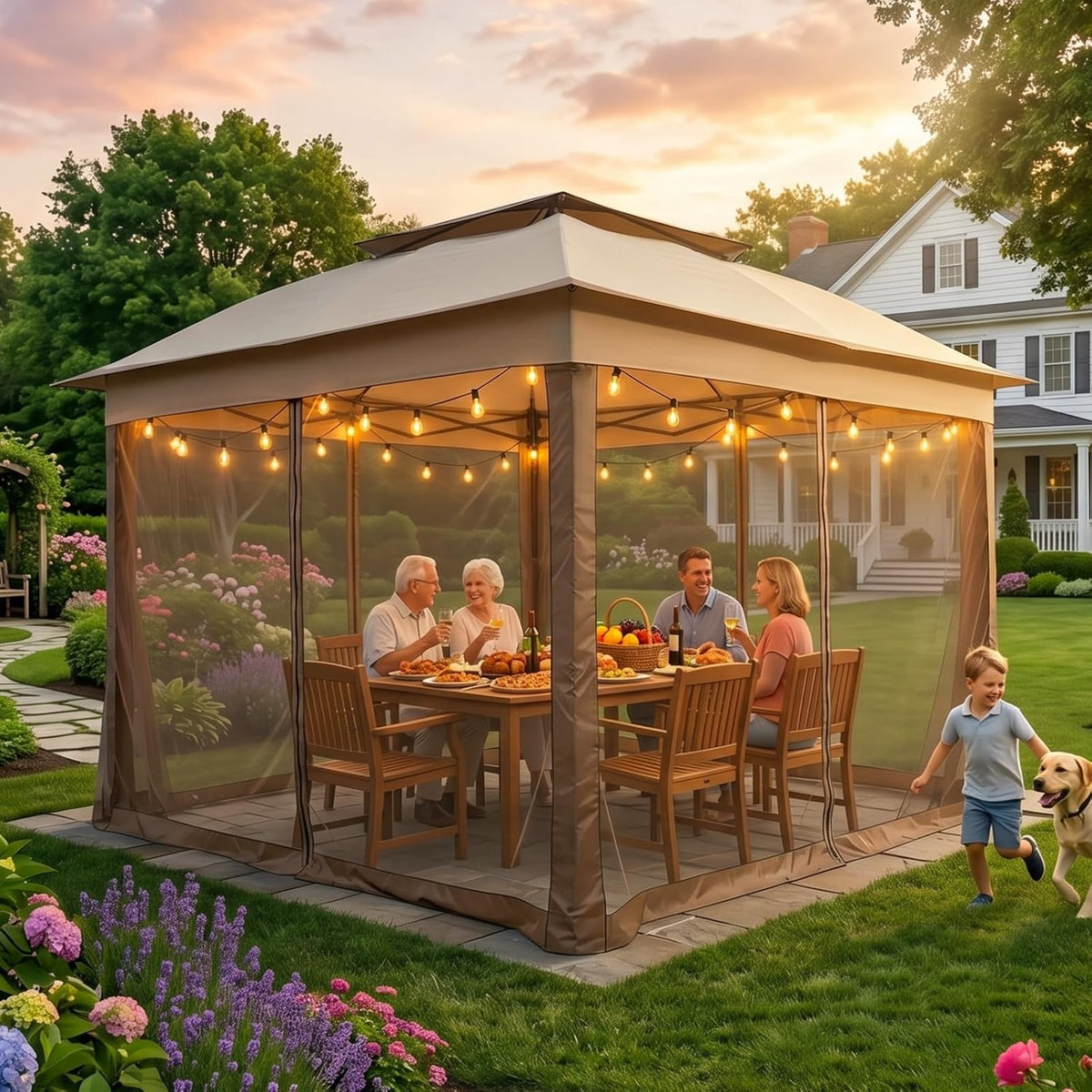Beige gazebo at dusk with mesh panels closed, string lights inside and a family dining at a table.