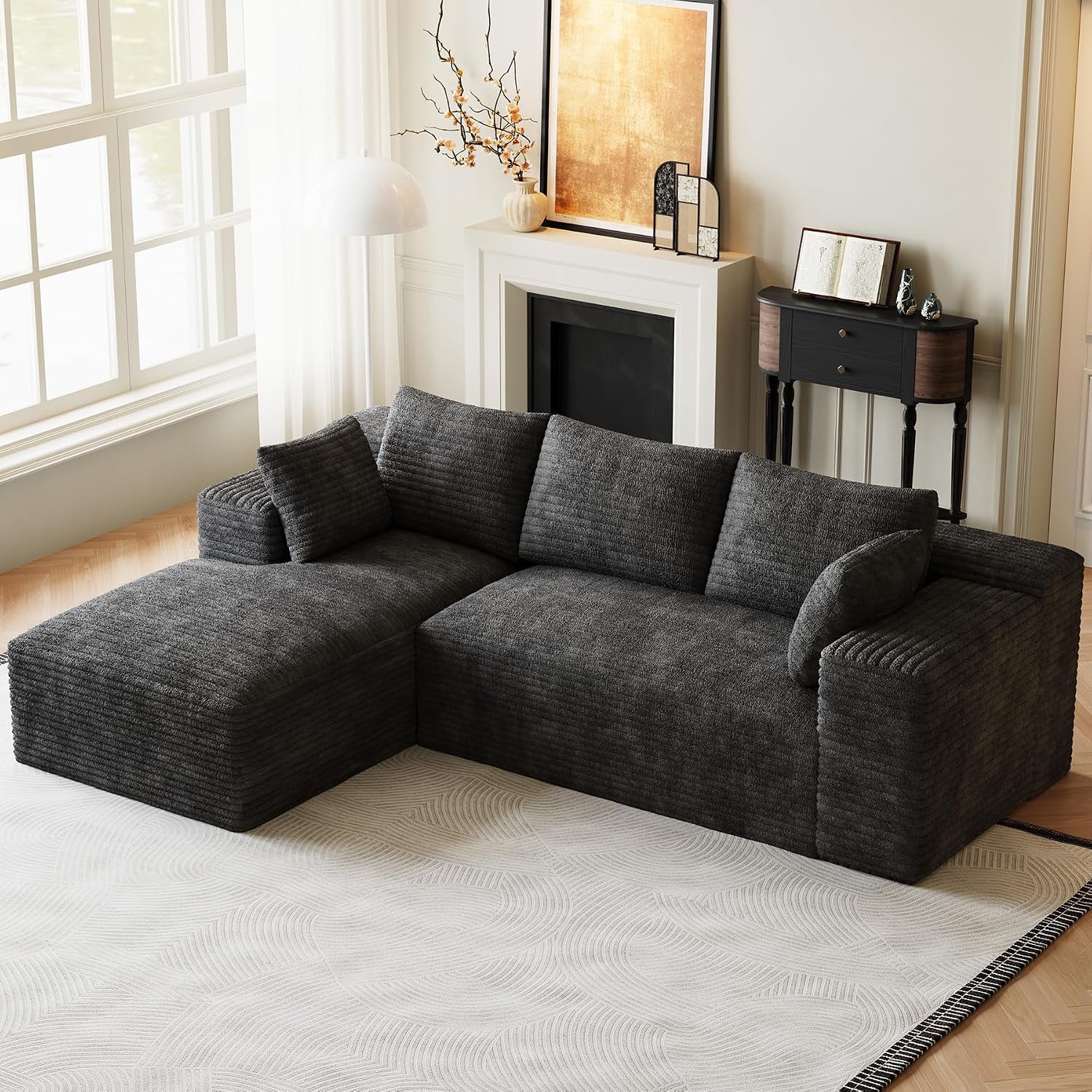 ONEMMLION 96" L-Shaped Cloud Boneless Couch Sofa with Chaise, Beige White | Corduroy Comfy Fluffy Modular Deep Seat Memory Foam Compressed Sectional Sofa for Living Room Oversized Left Facing Chaise