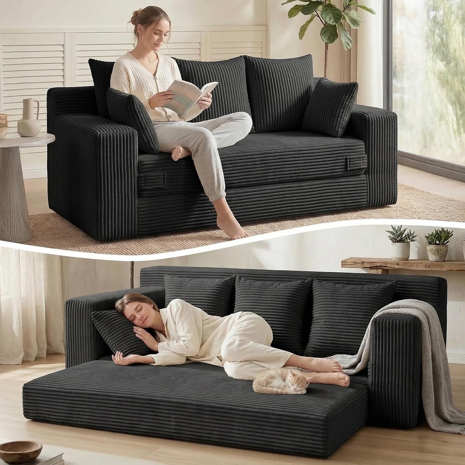 Dark charcoal corduroy 3-seat sofa with removable cushions and lowered mattress section below
