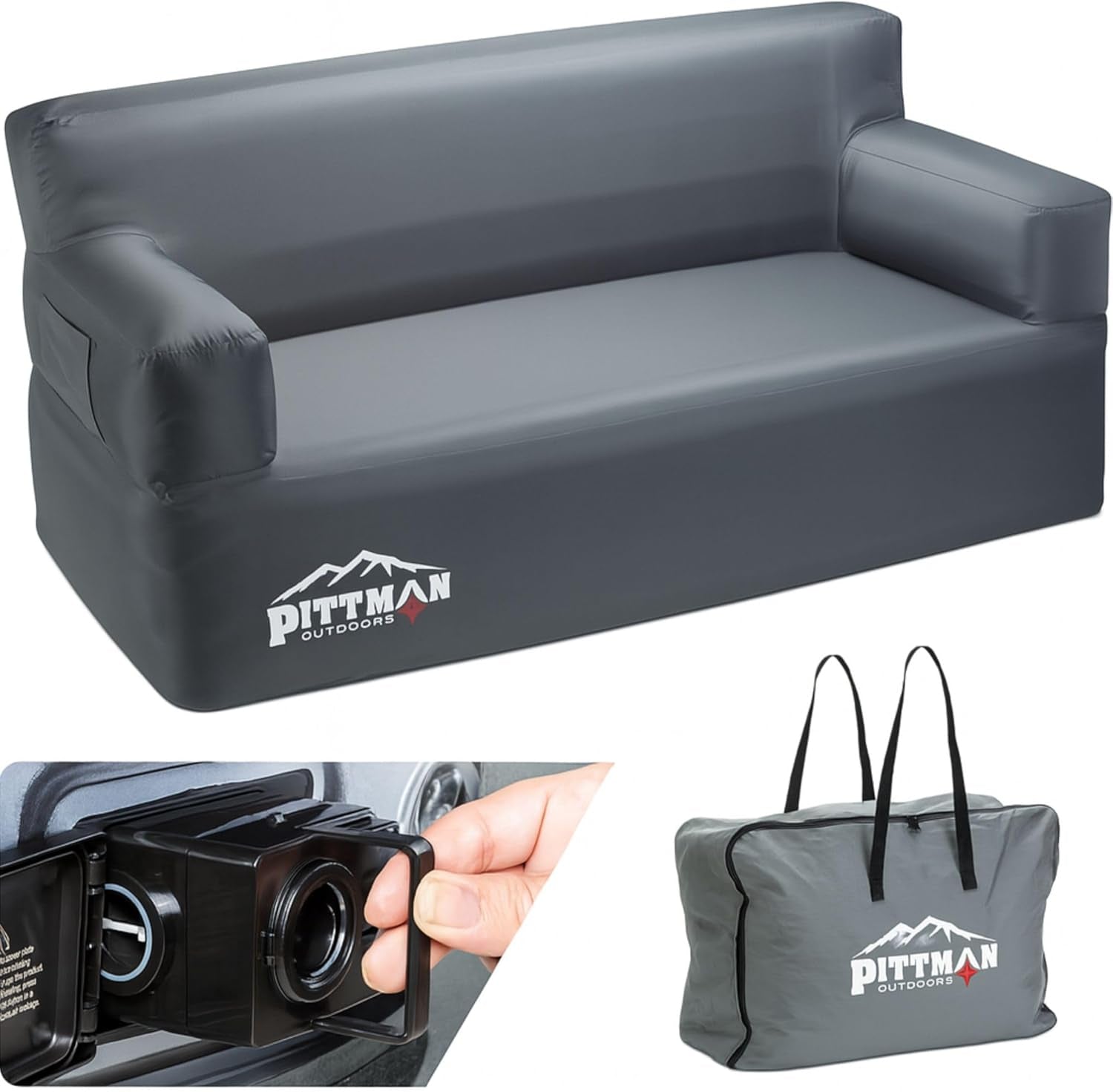 Gray inflatable sofa angled front view showing armrests and seat surface with pump compartment and carrying bag inset
