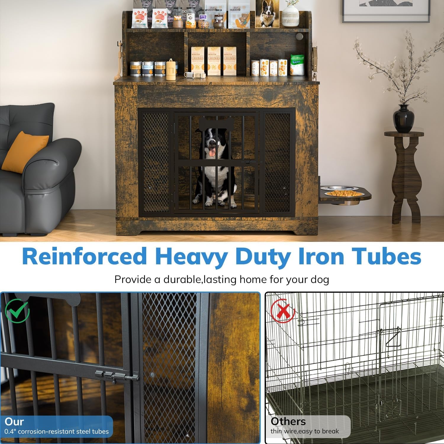 Front view of the wood-and-steel dog crate console with a black-and-white dog inside and a fold-out bowl shelf at right