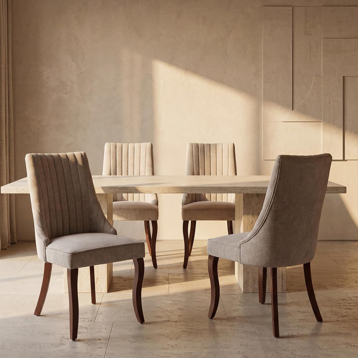 Four beige high-back dining chairs around a light wood dining table in a warm, staged dining room