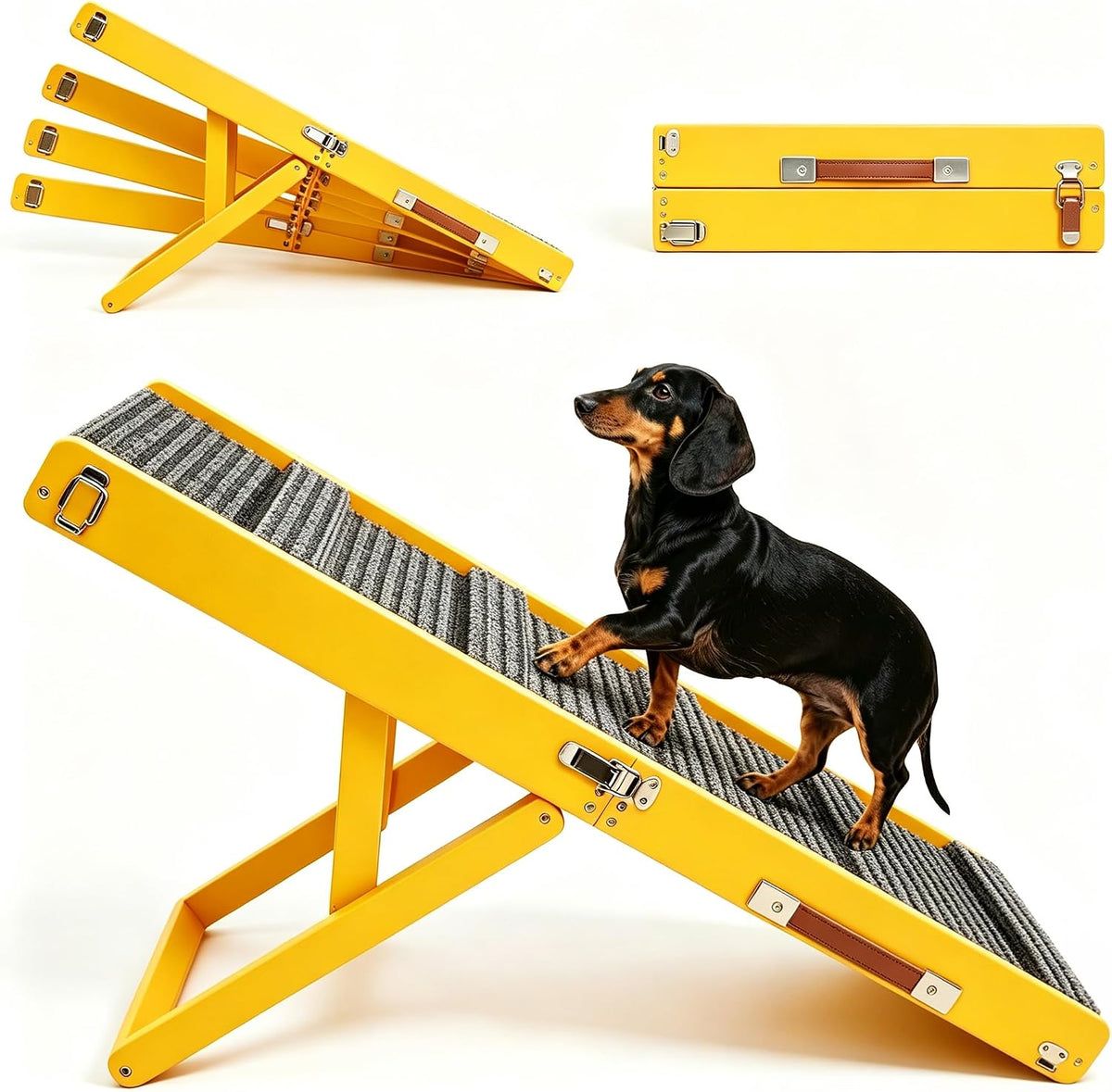 Side view of a bright yellow foldable pet ramp with grey ribbed carpet and a dachshund walking up it.