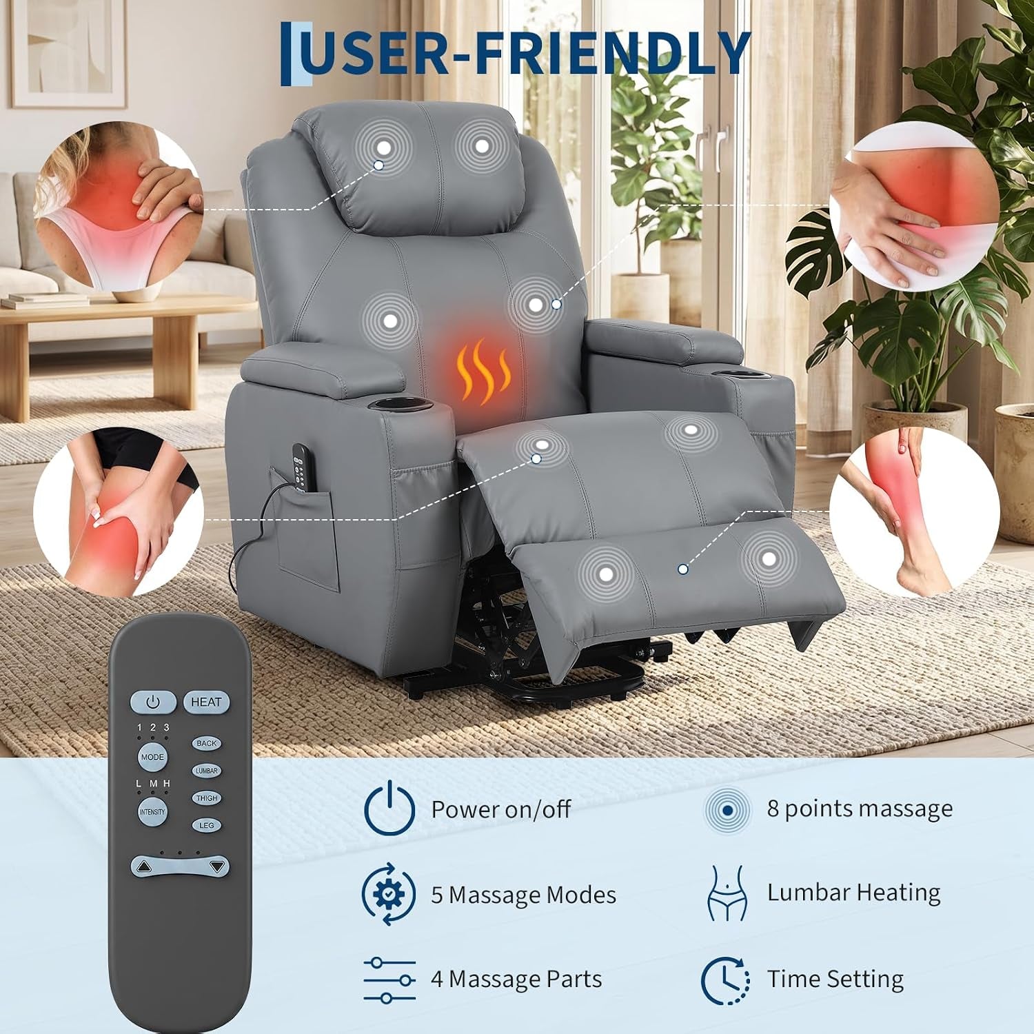 Front view of grey recliner highlighting 8 massage points, lumbar heating and the included remote control