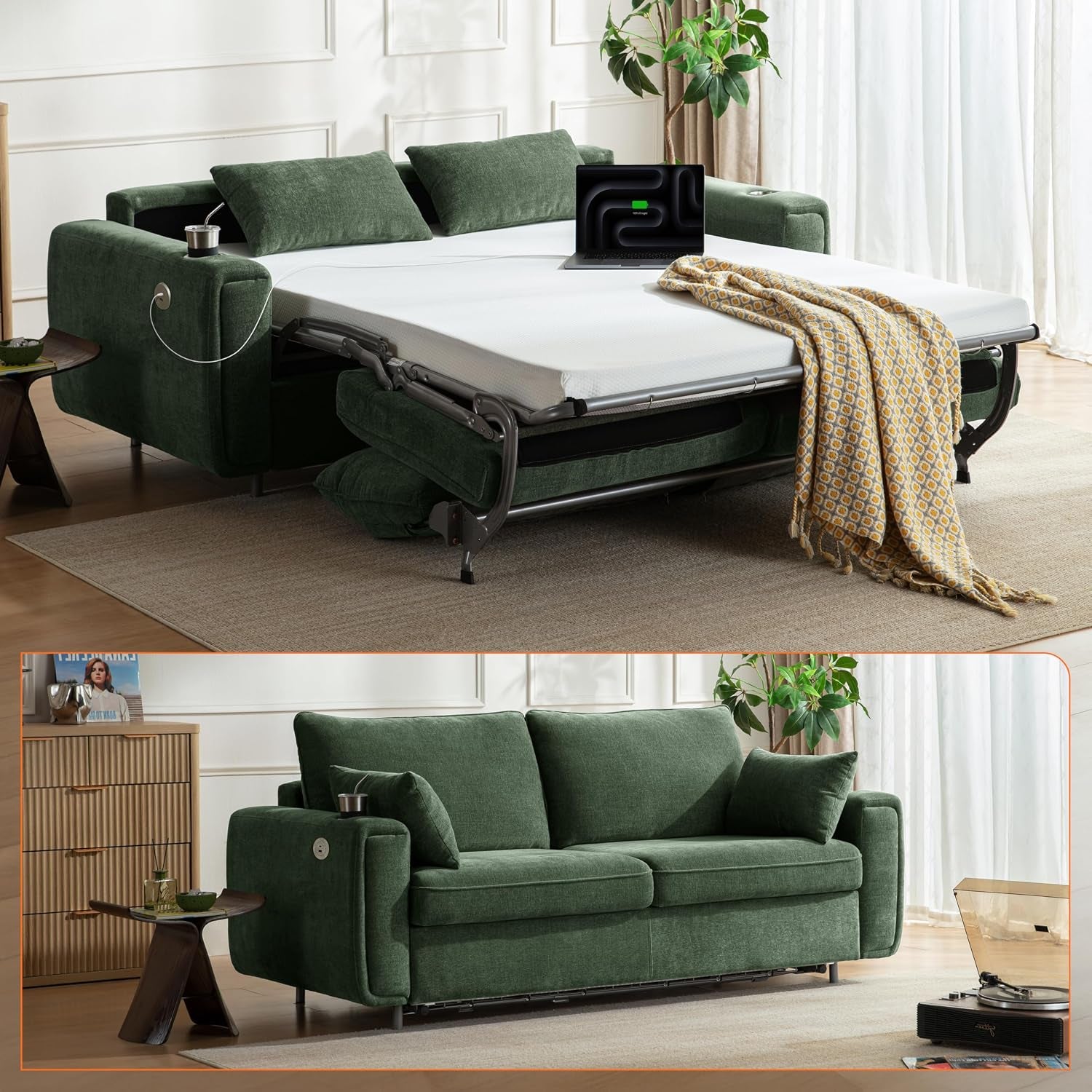 Green upholstered sofa shown both as a closed two-seat couch and with the bed pulled out, white mattress and throw visible.