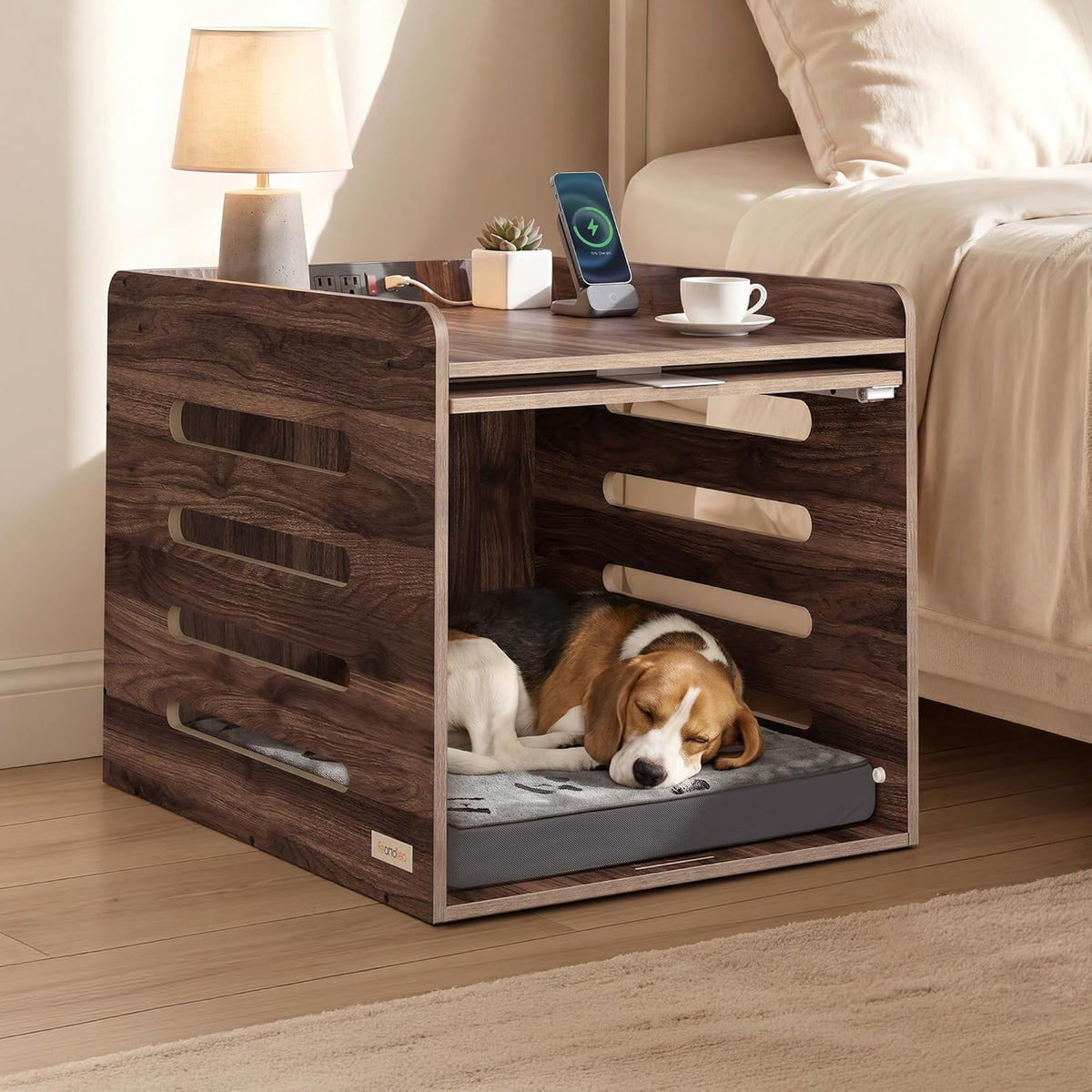 Natural walnut dog crate side table angled front view with a sleeping dog inside and a lamp on top