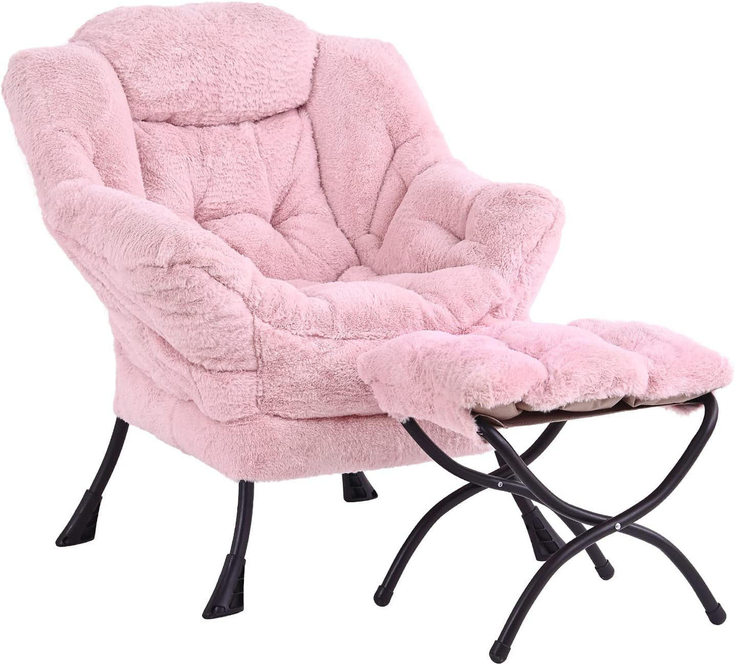 Three-quarter view of a light pink plush lounge chair with matching foldable ottoman and curved black legs.