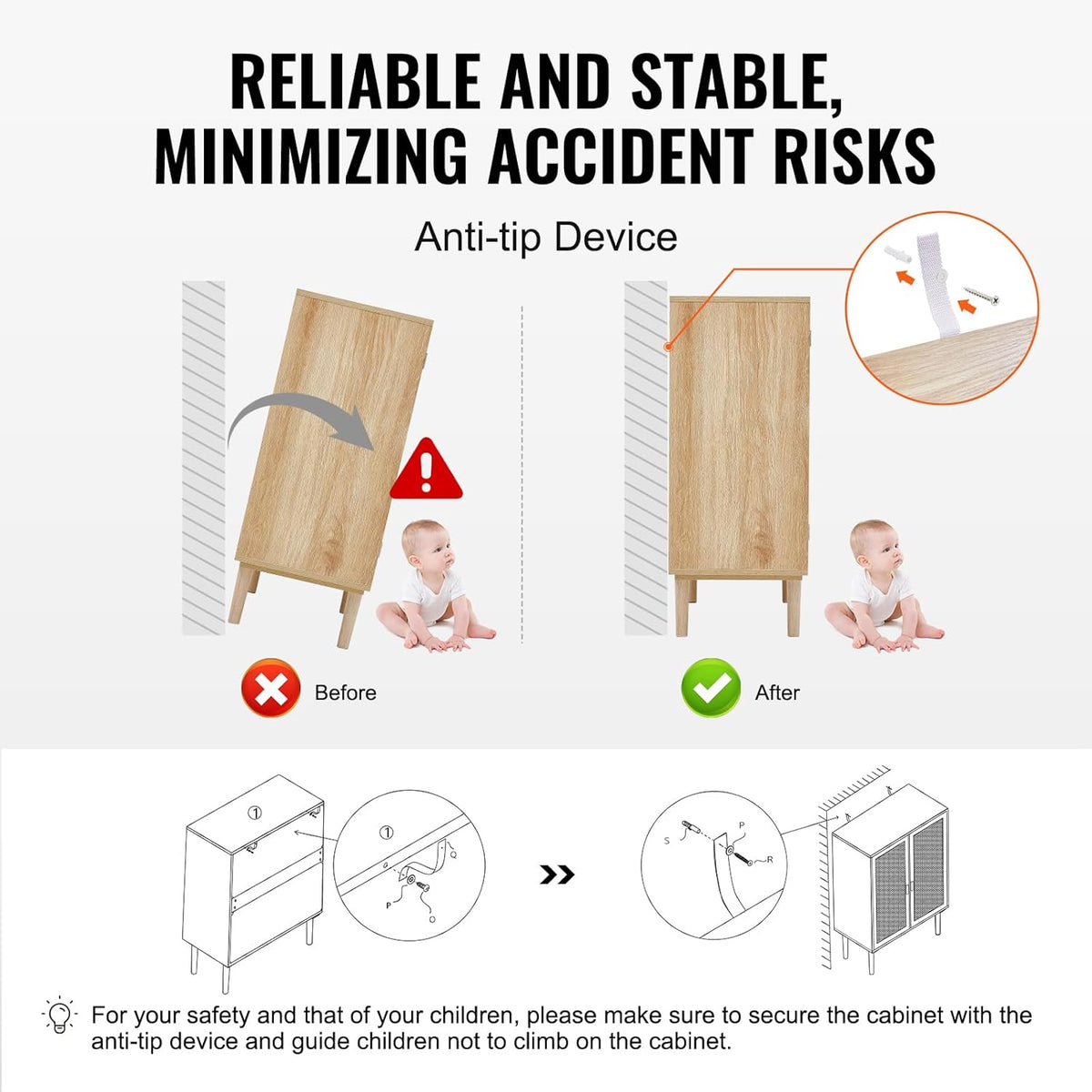 Illustrated anti-tip diagram showing cabinet tipping risk before and secured to wall after, with mounting detail.