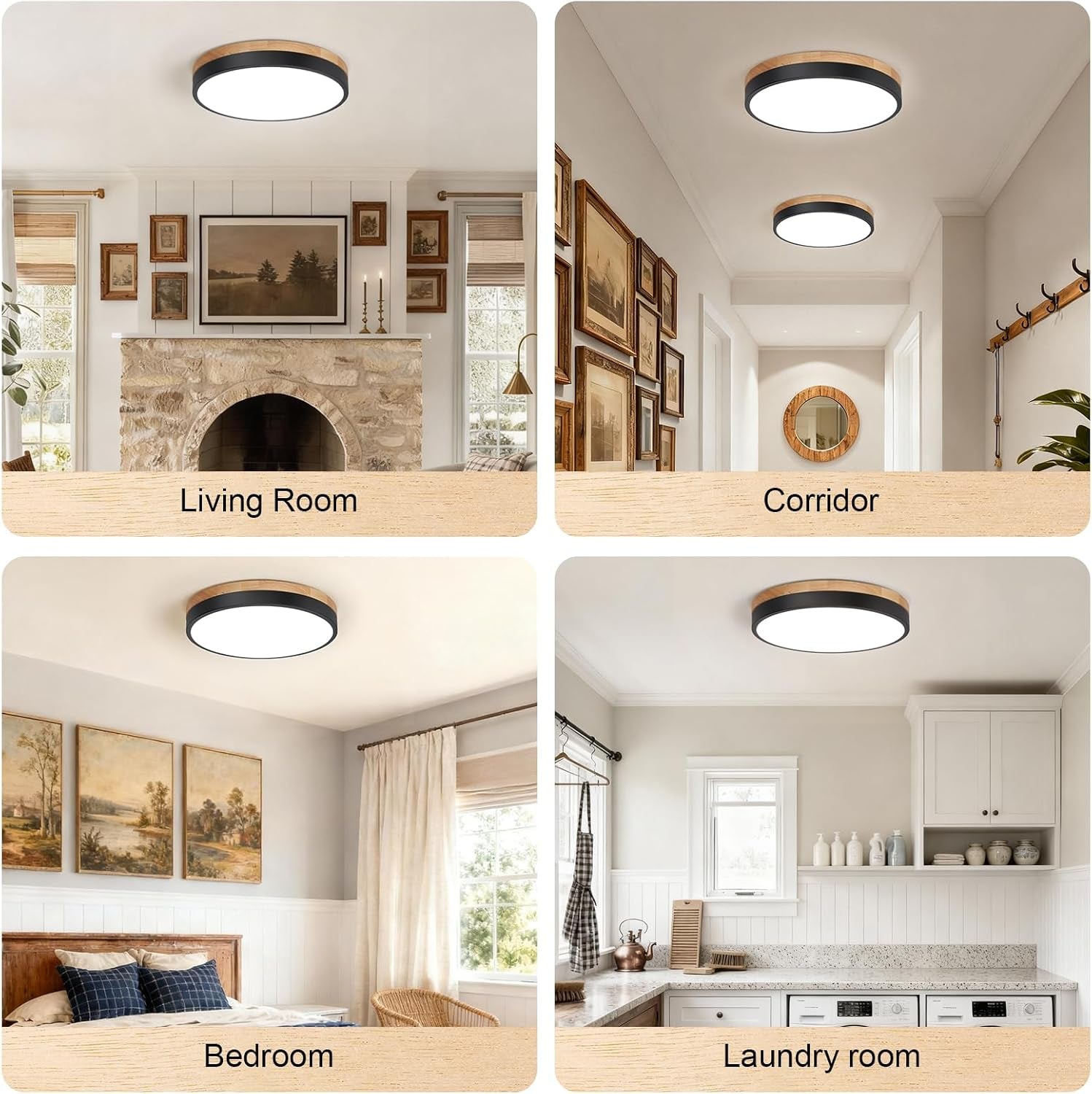 Four small photos showing the fixture installed in a living room, corridor, bedroom and laundry room.