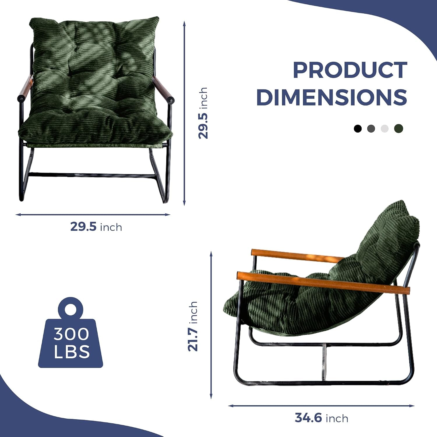 Front and side diagram with dimensions 29.5" width and 34.6" depth and 300 lb capacity graphic