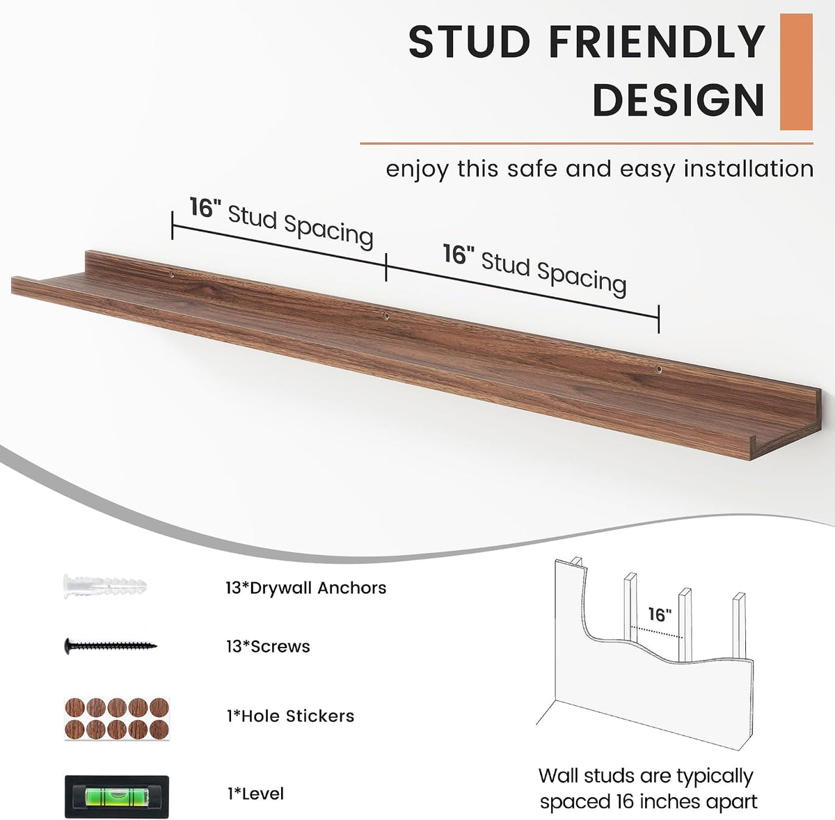 Stud-spacing graphic showing 16-inch stud spacing with included screws, drywall anchors and a mini level
