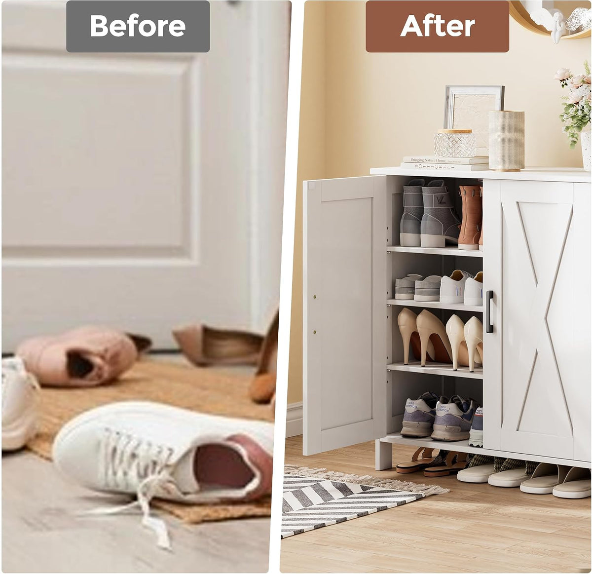 Split before-and-after image comparing scattered shoes on floor to organized shoes inside the cabinet
