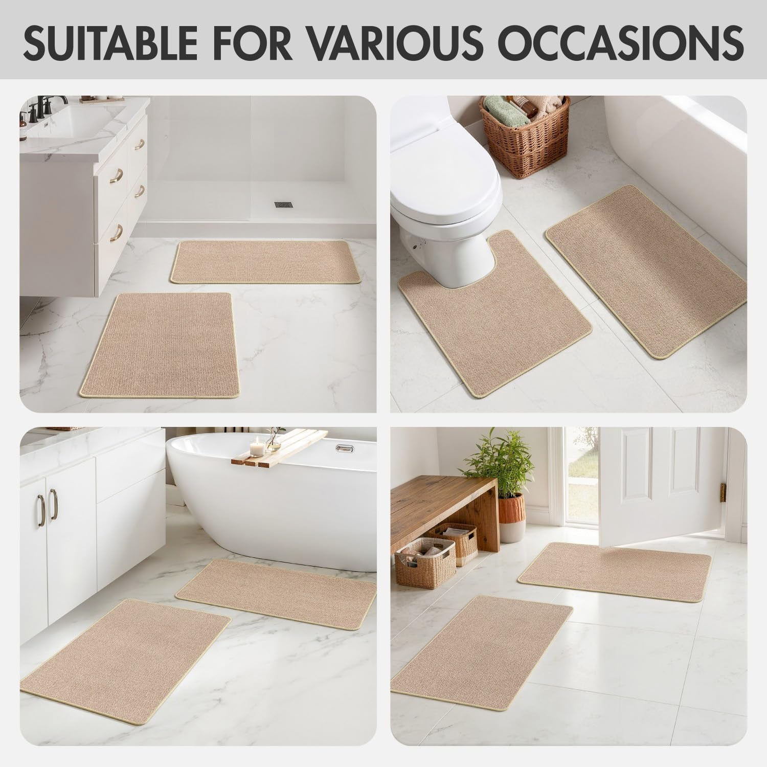 Four-scene layout showing the beige rugs placed near a shower, a bathtub, a toilet, and an entryway for different uses