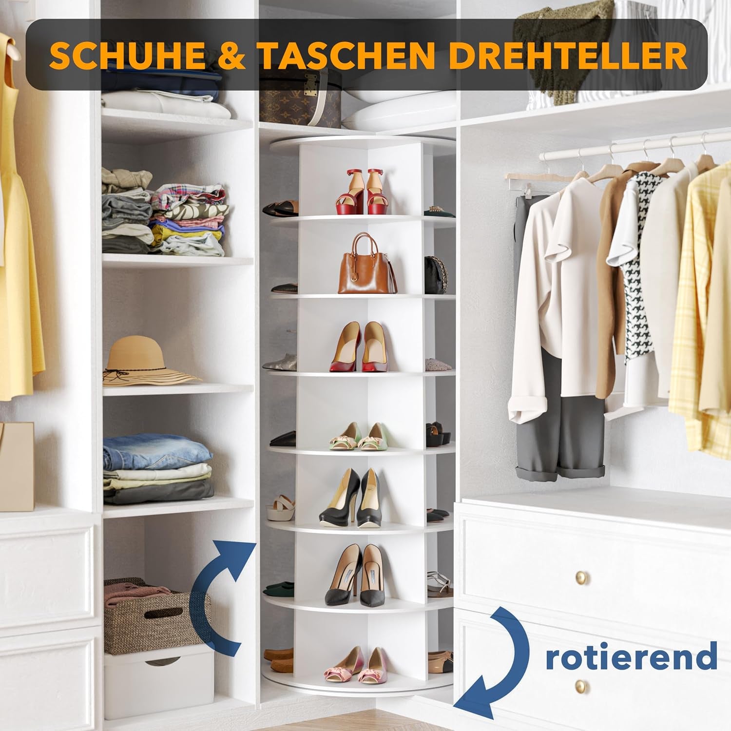 White rotating shoe rack placed inside a closet between shelves and hanging clothes with blue rotation arrows and 'rotierend'