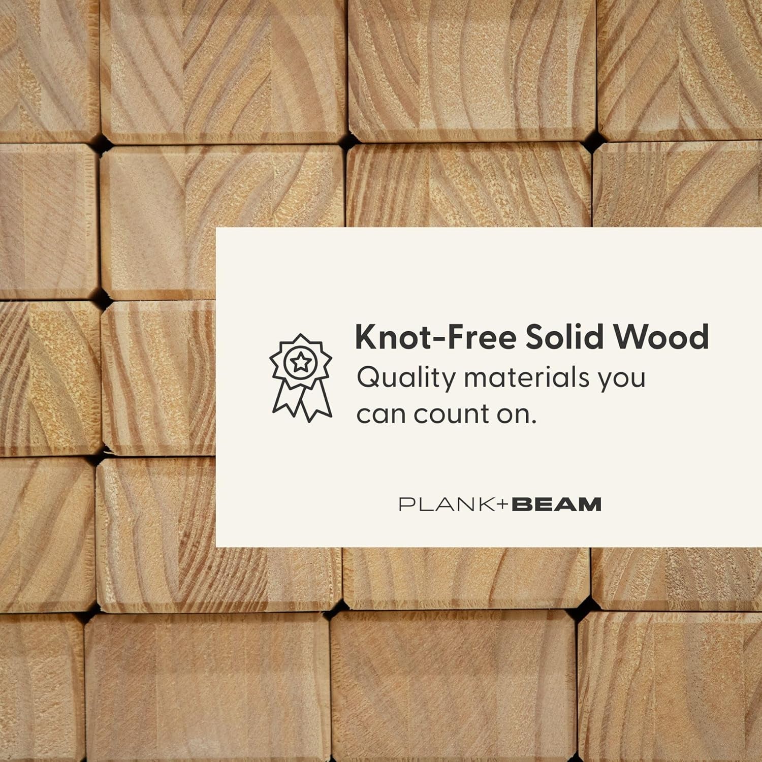 Tightly stacked square pine end-grain blocks forming a grid pattern behind a light label panel.