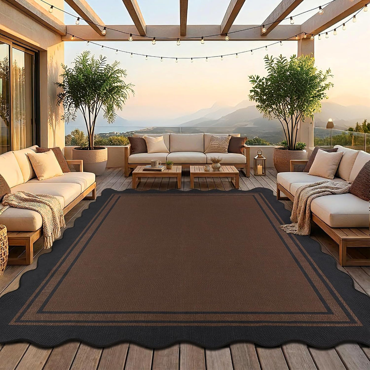 Scalloped dark brown rug placed on a deck between cushioned outdoor seating at sunset