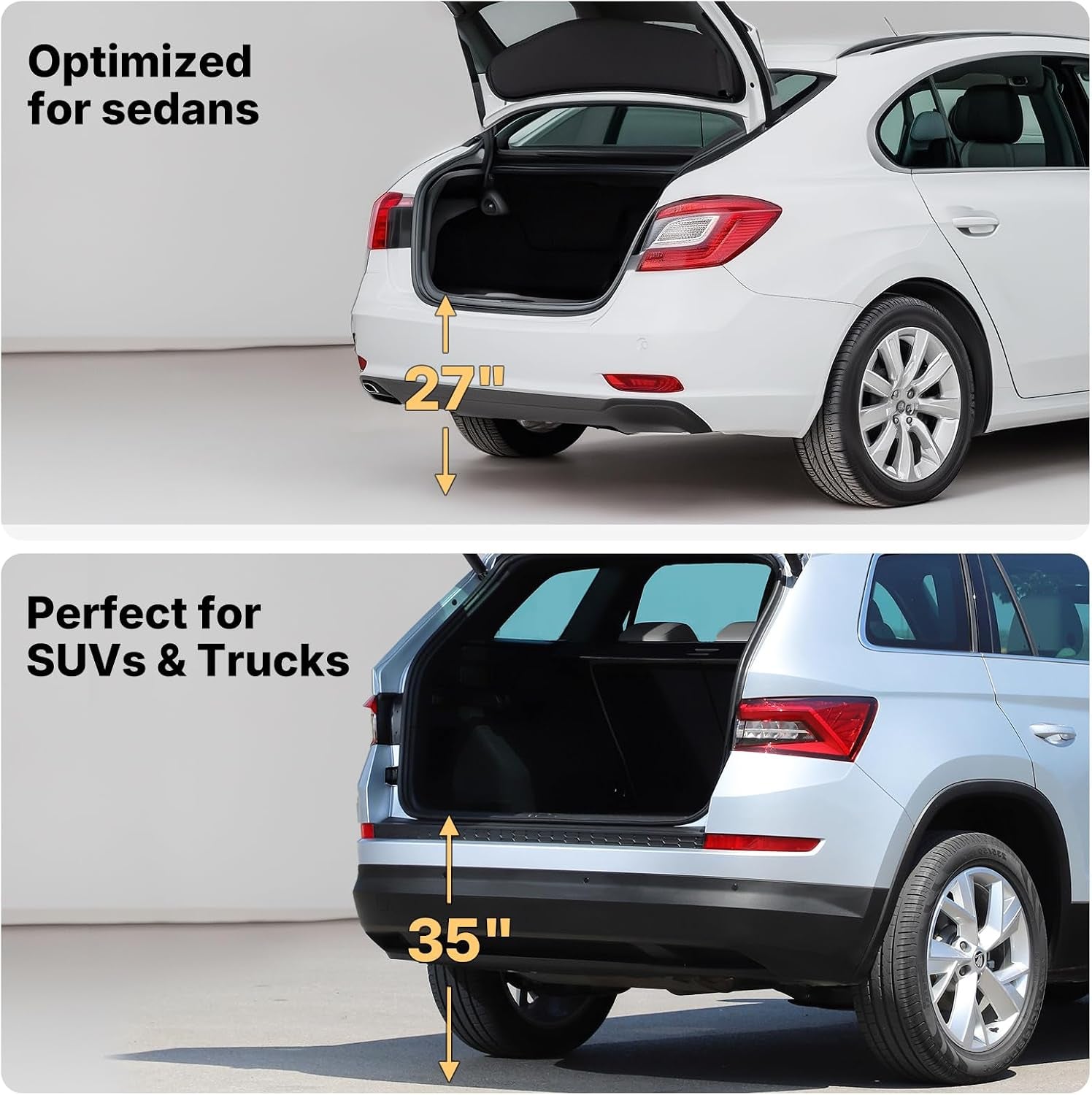 Split image: white sedan (top) and silver SUV (bottom) with open trunks in a studio, arrows and numeric measurements showing