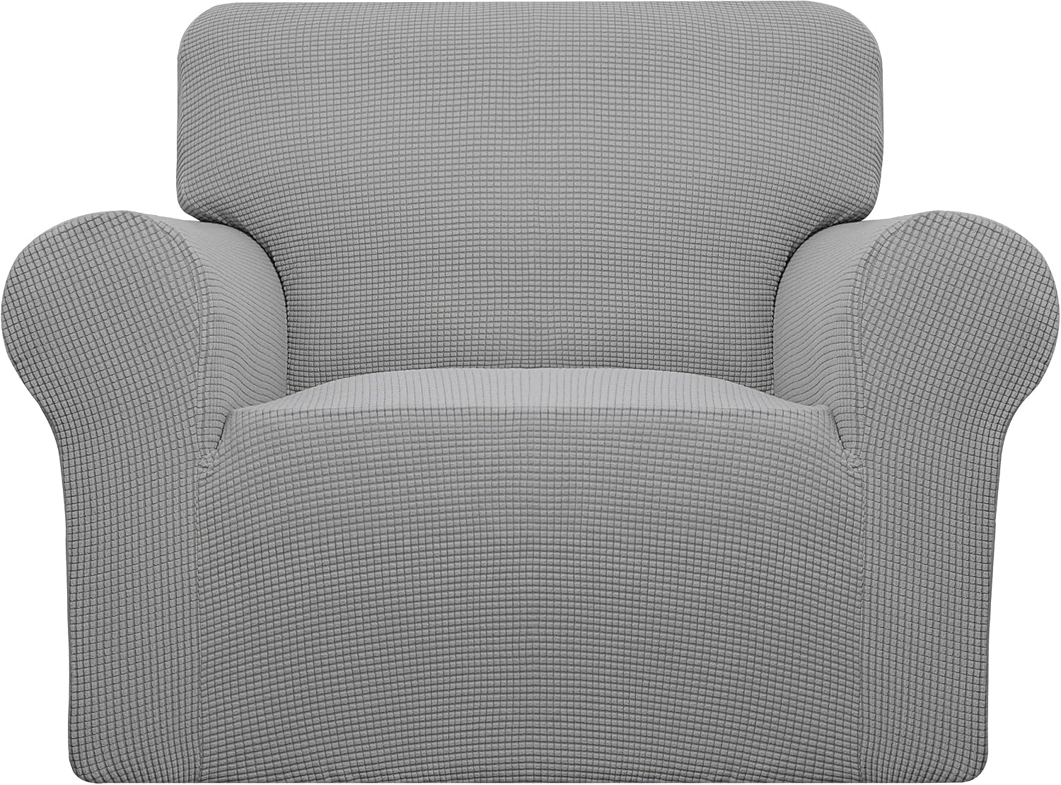 Front-facing armchair with rounded arms wrapped in a textured light gray stretch cover.