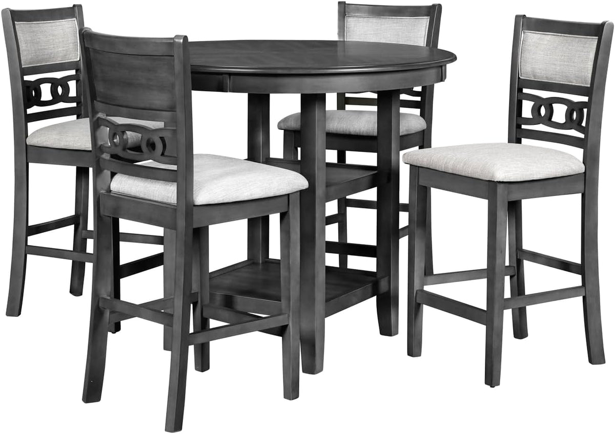 Round wooden dining table with a lower square shelf, surrounded by four cushioned chairs with decorative cutout backrests