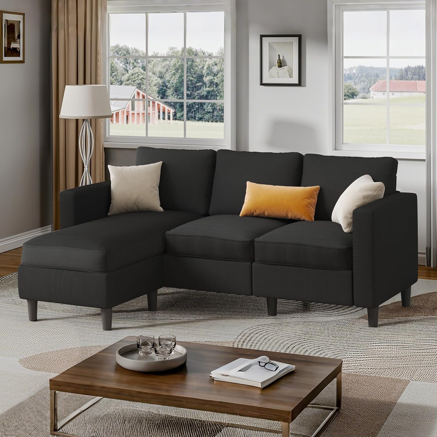 Modern Upholstered Sectional Sofa, L-Shaped Couch with Movable Ottoman and Reversible Chaise for Living Room, Black Corduroy Fabric