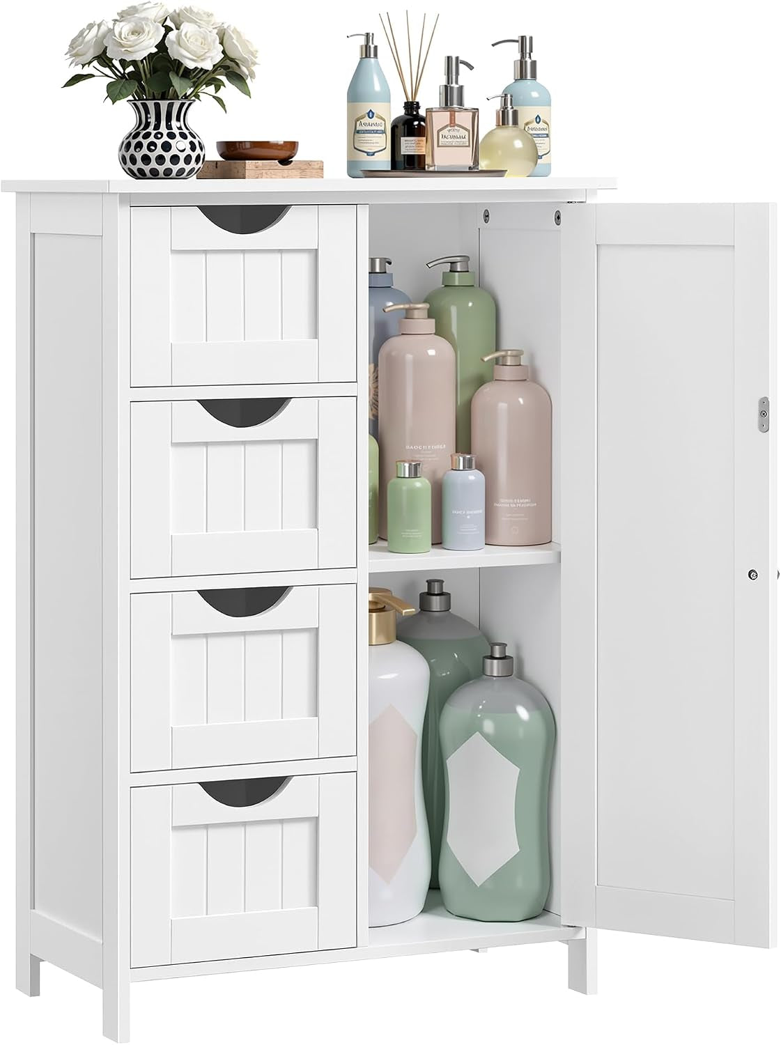 White storage cabinet showing four left drawers and the open right compartment filled with assorted bottles