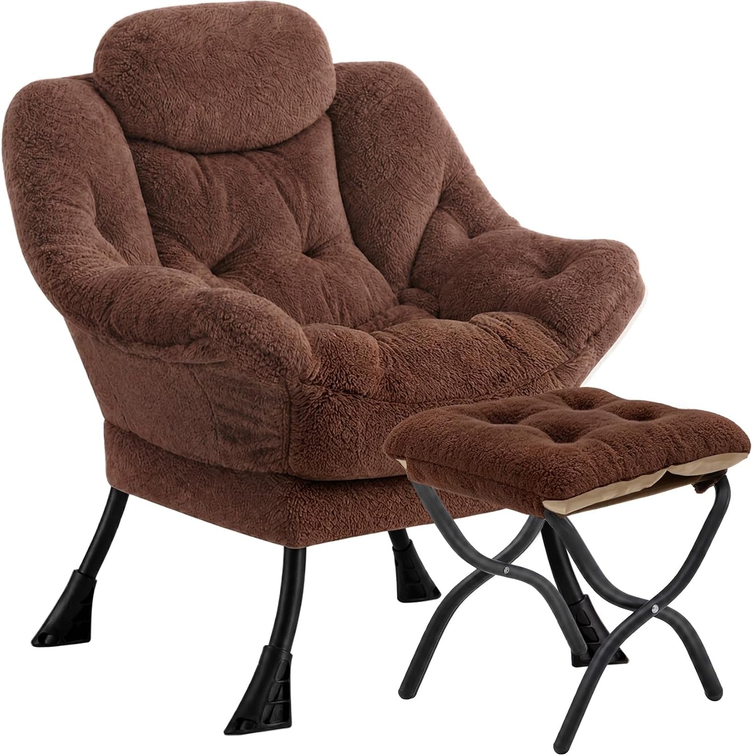 Brown fuzzy plush armchair with tufted seat and matching ottoman, black curved metal legs visible