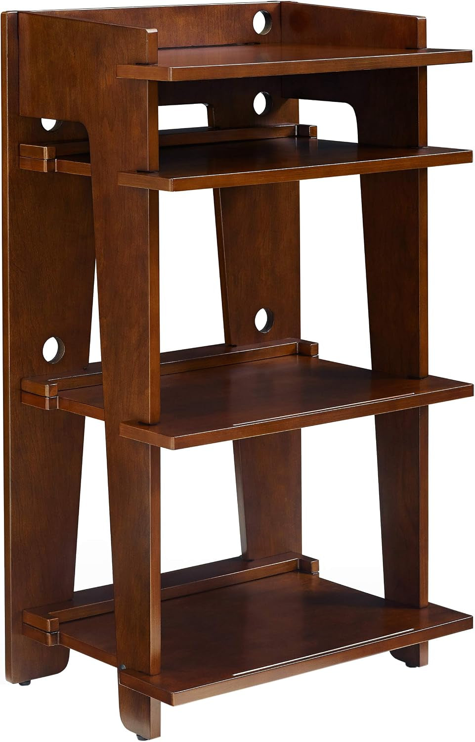 Three-tier wooden record stand in warm mahogany finish, front three-quarter view