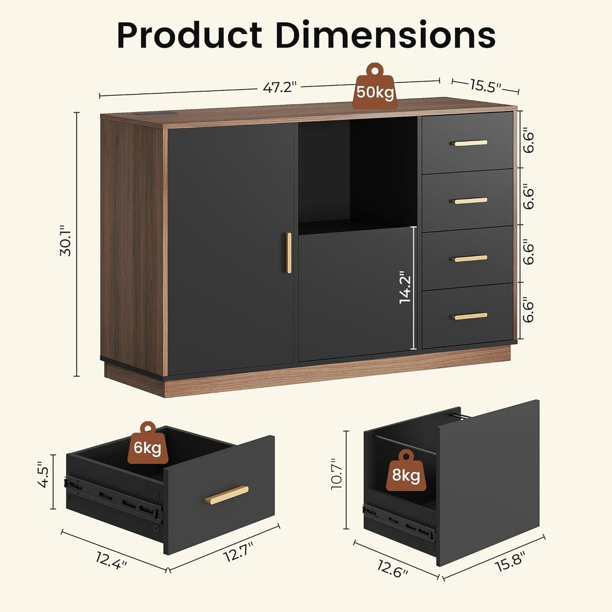 Front diagram of the cabinet showing annotated dimensions and drawer size callouts