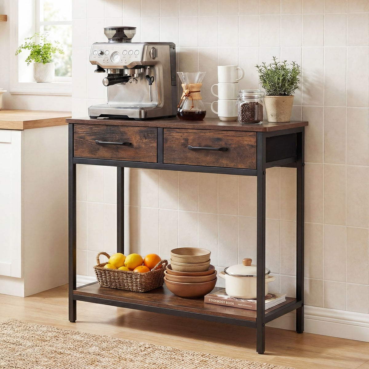 Console table with two drawers and an open lower shelf arranged as a coffee station.
