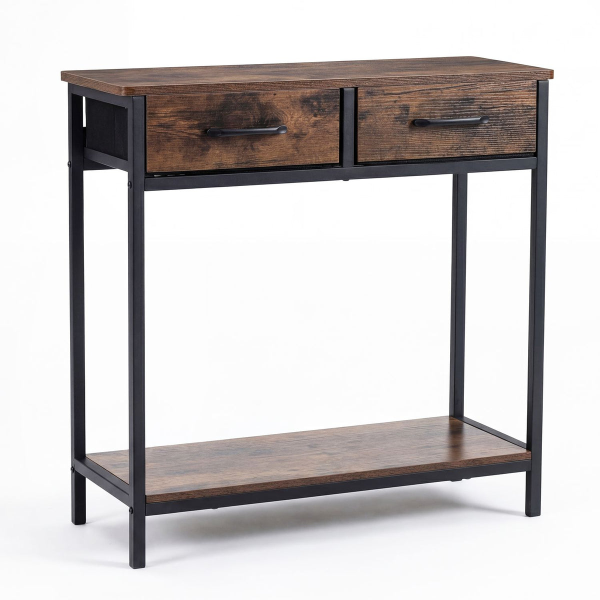 Console table shown against a white background, with two drawers and an open lower shelf.