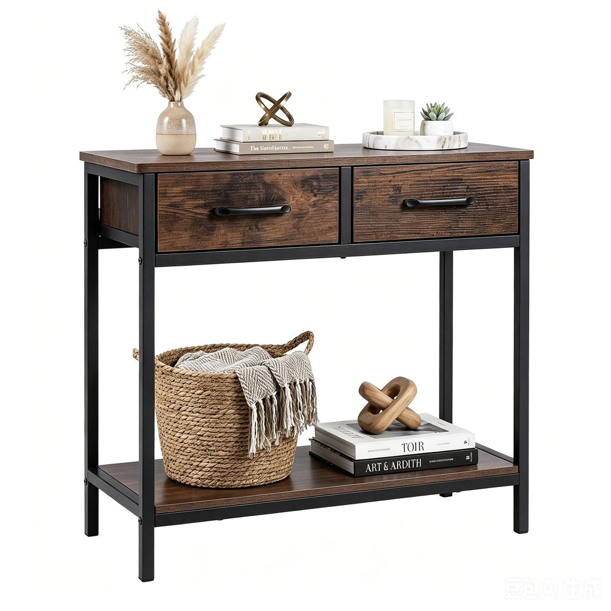 Dark console table with two drawers and a lower shelf decorated with a basket and small accessories.