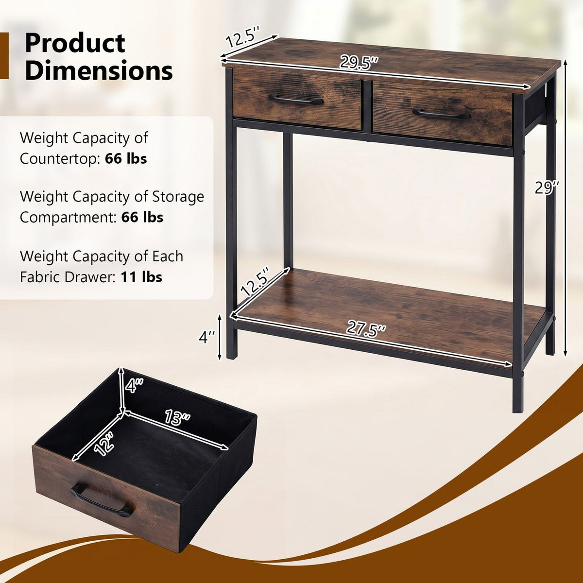 Dark wood-look console table with two drawers and a lower shelf, shown with one drawer pulled out.