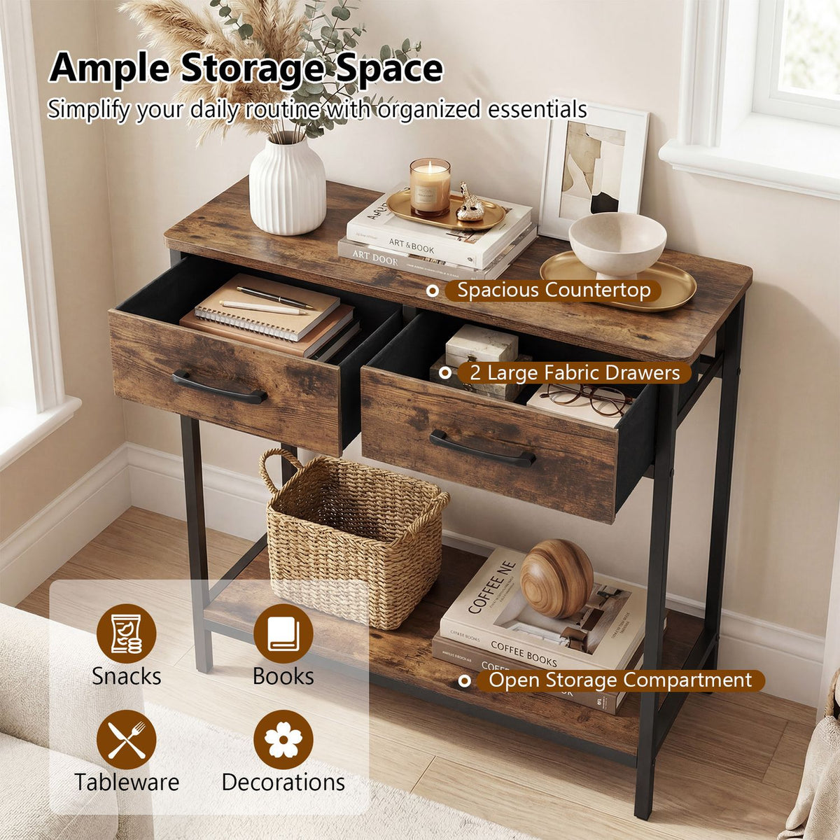 Console table in a bright room with both fabric drawers open and books and a basket on the lower shelf.
