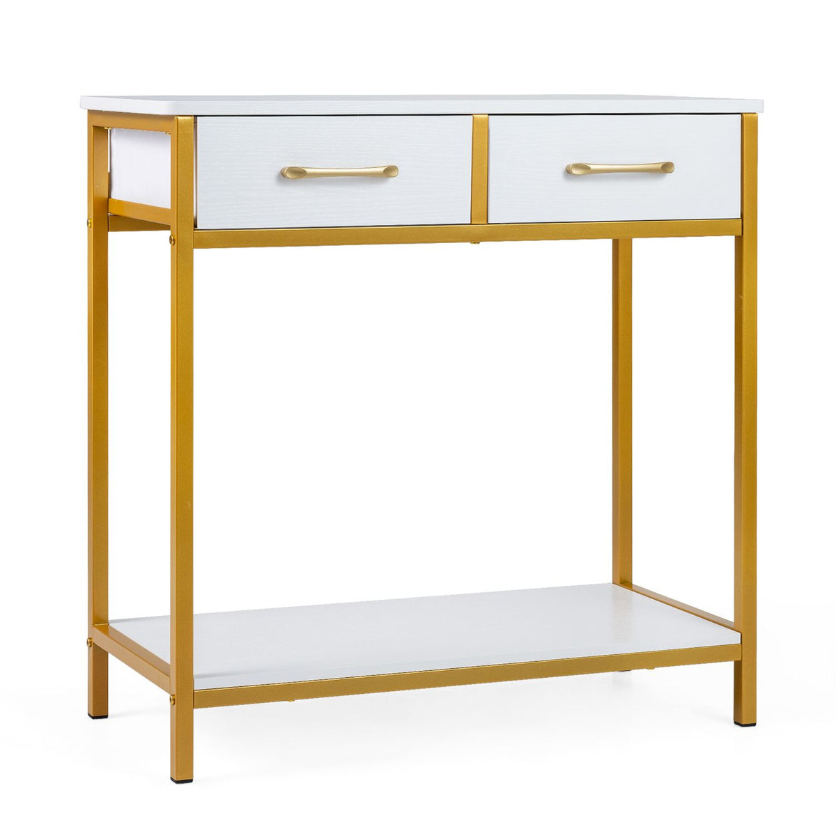 Front view of a white two-drawer console table with gold-tone frame