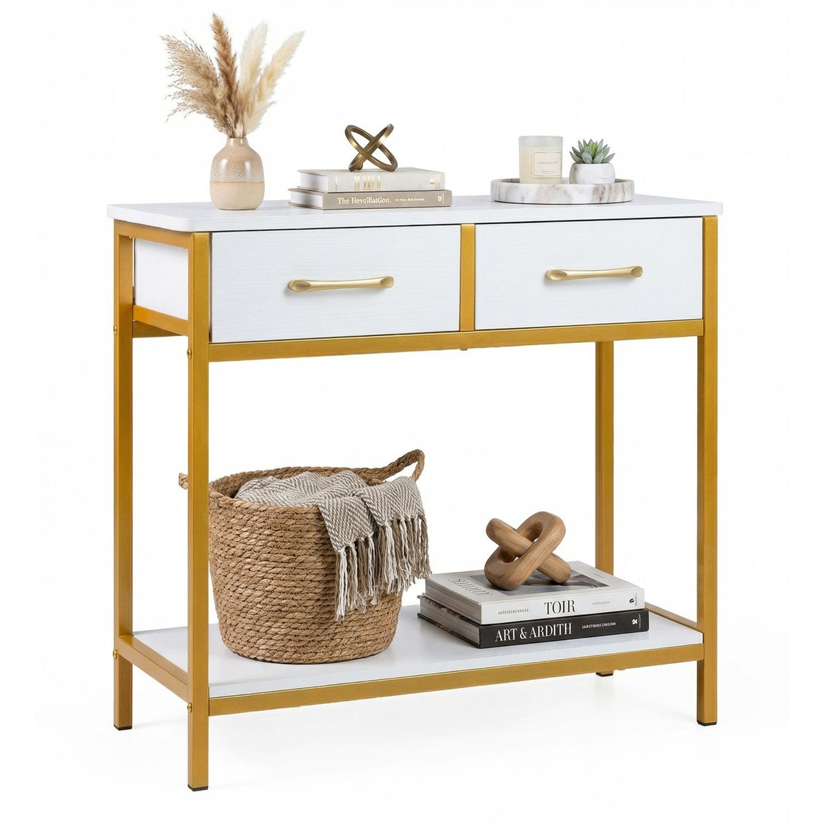 White console table with gold-tone frame styled with decor and a woven basket