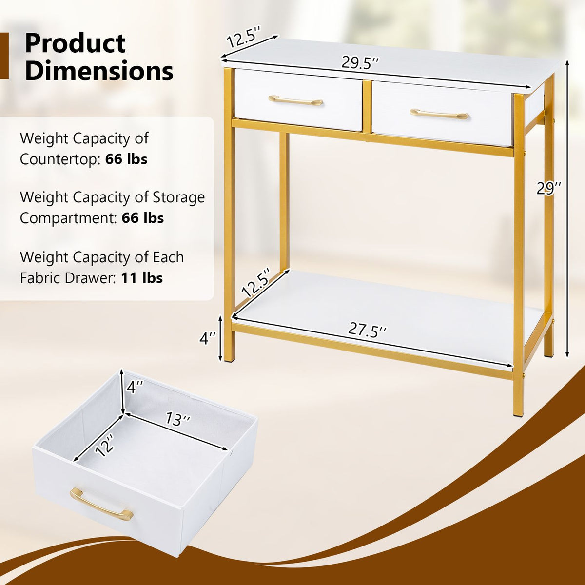 Console table dimension graphic showing measurements and a detached fabric drawer
