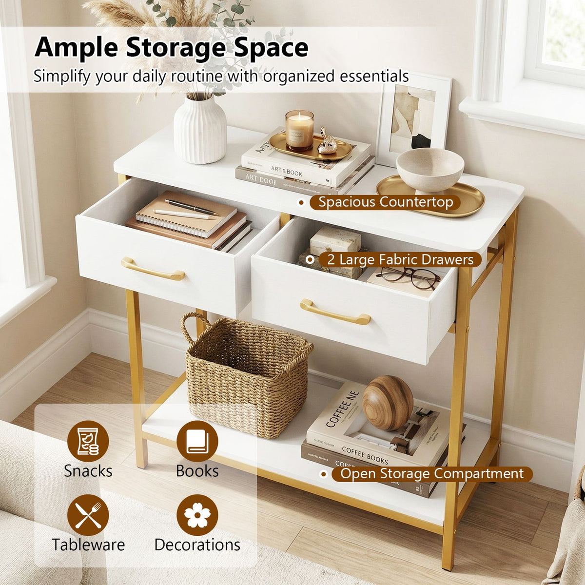 Angled view of a white console table with open fabric drawers and an open lower shelf
