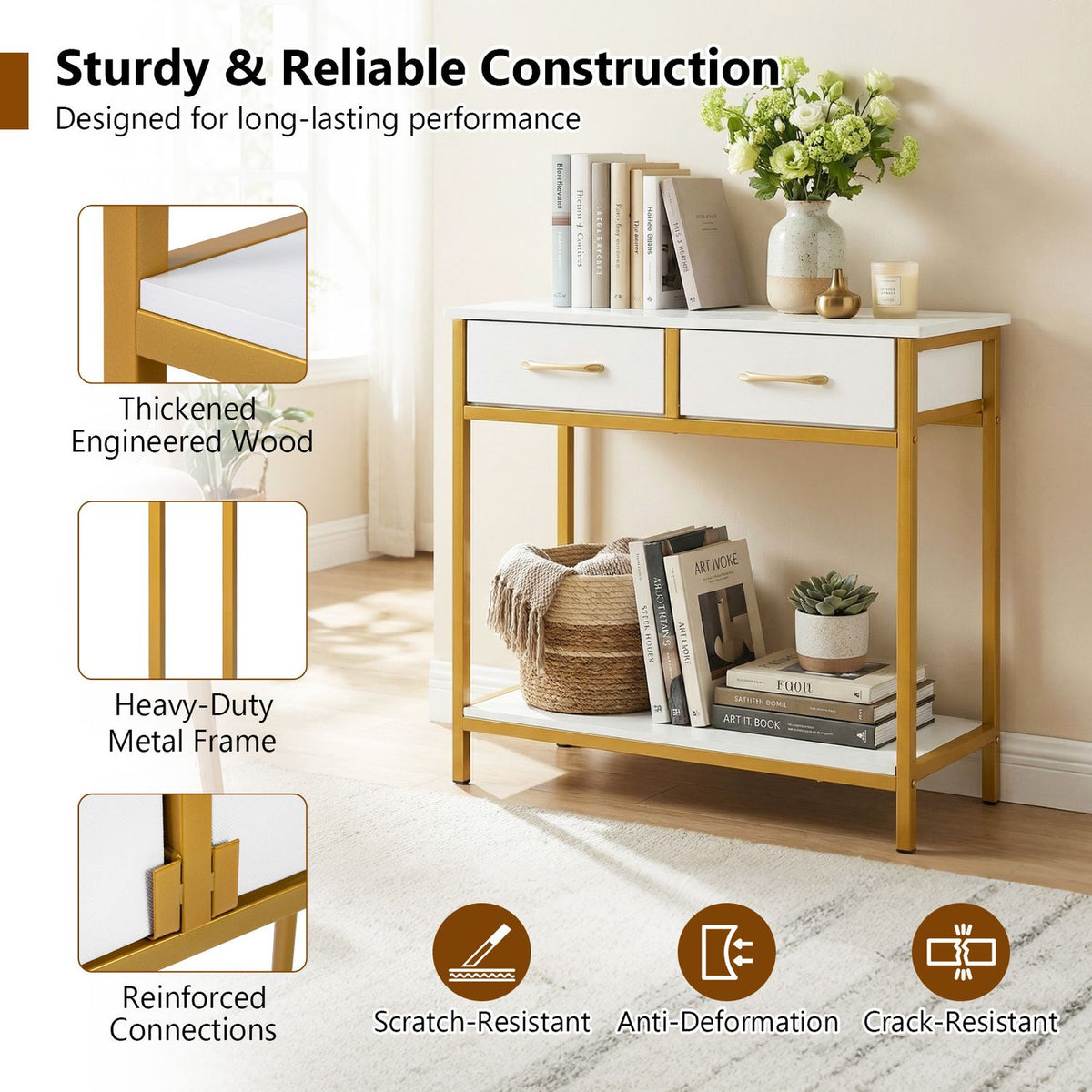White-and-gold console table in a bright room, alongside close-up insets of its frame and joints.