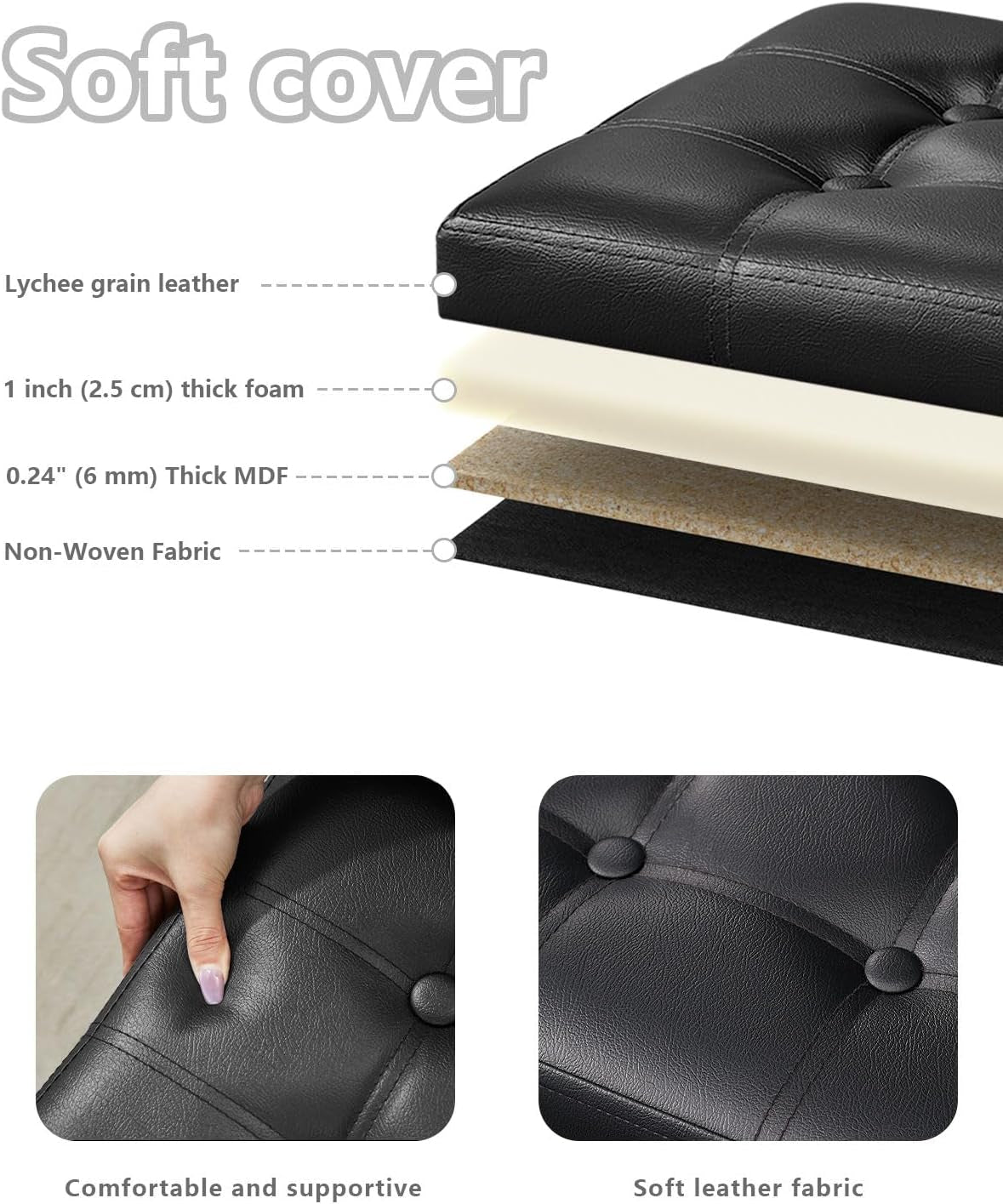 Exploded diagram of the ottoman lid layers with two close-up photos of the black faux-leather tufted surface.