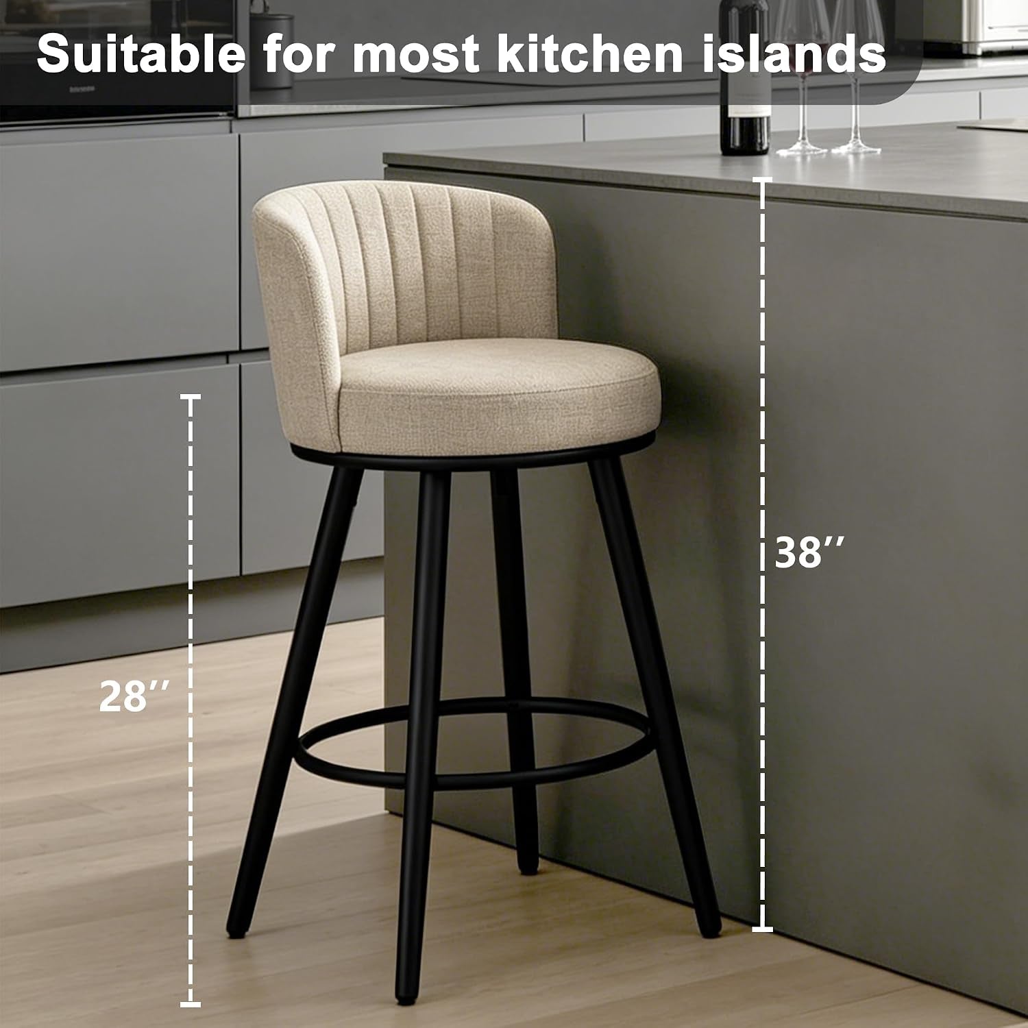 Single beige swivel bar stool beside a counter with illustrated 28" seat height and 38" countertop clearance measurements.