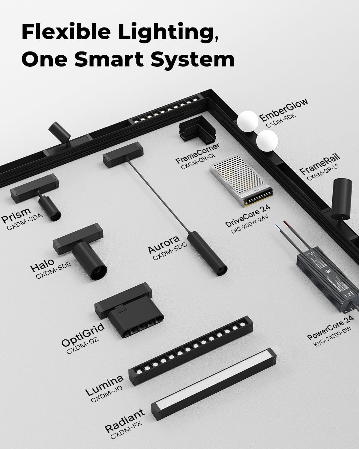 Flat-lay of magnetic track components including modular light heads, corner piece and power drivers on a white background