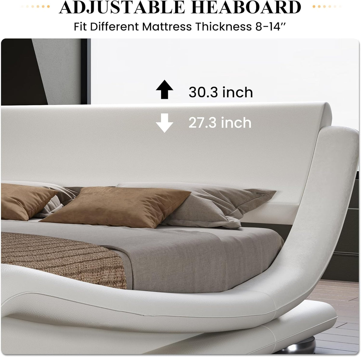 Close-up showing adjustable headboard with arrows indicating two height positions and mattress thickness guidance