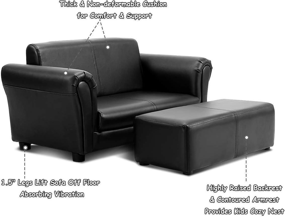 Angled view of the black two-seat sofa and ottoman on white background with dotted annotation markers.