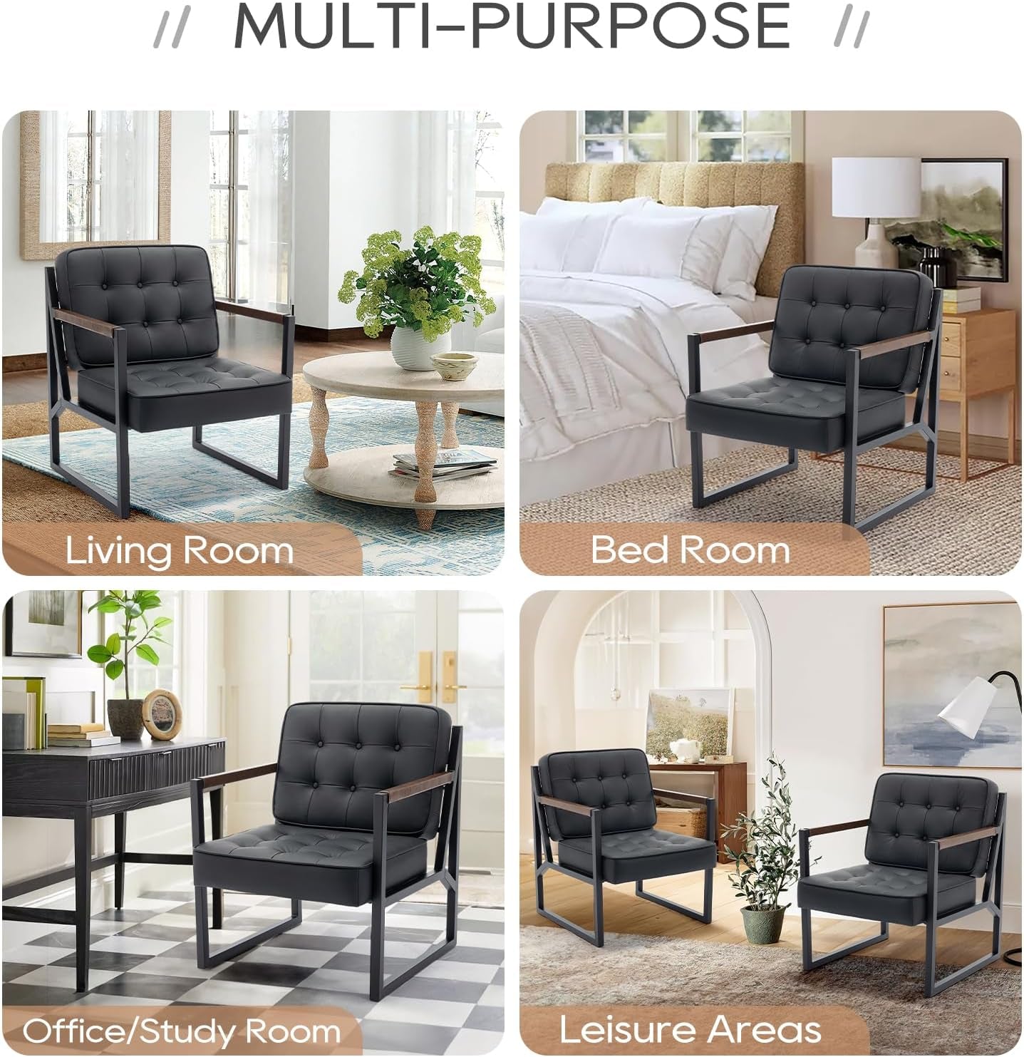 Main room shot — four lifestyle scenes showing the chair placed in living room, bedroom, office, and leisure areas.