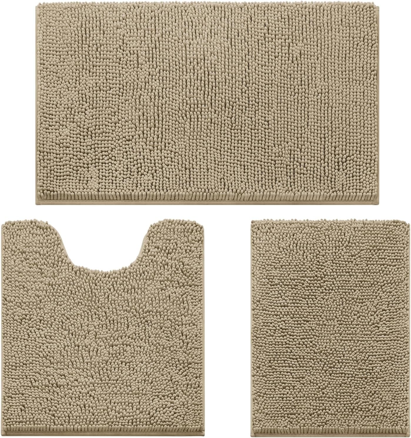 Flat lay of a three-piece chenille bathroom rug set in beige: large bath mat, U-shaped toilet rug, and small rectangular mat.