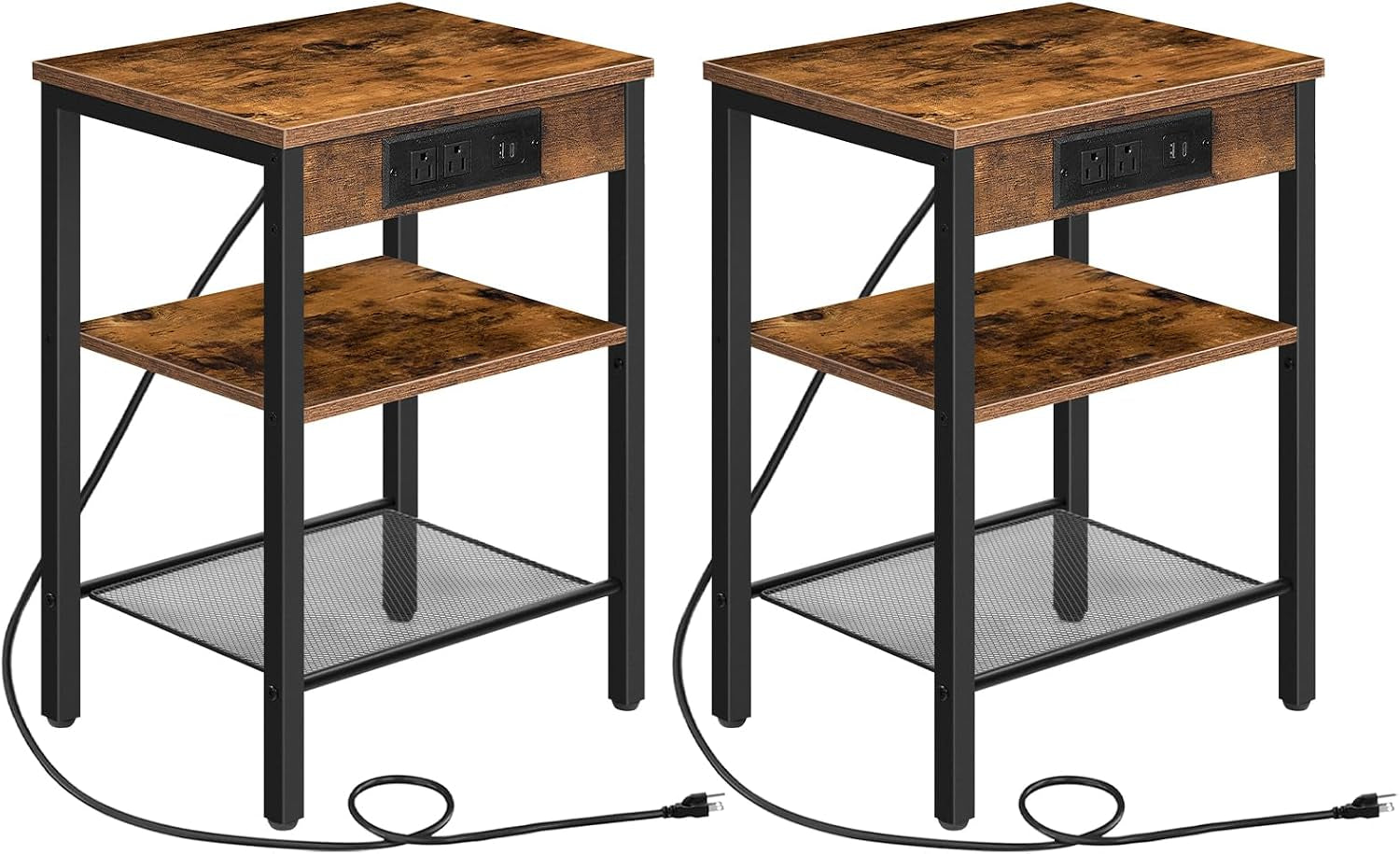 Rustic brown wood-look side table with black metal frame, two shelves and front charging panel, shown twice