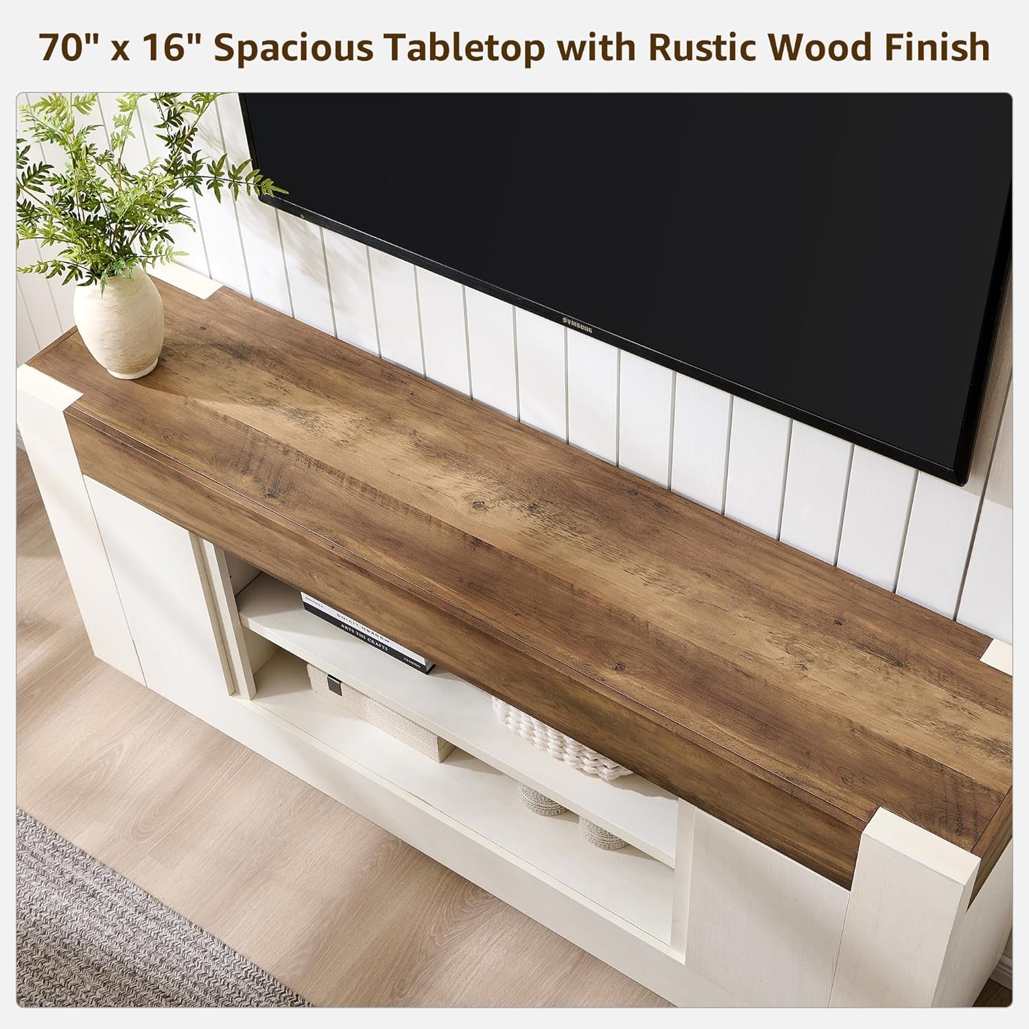 Close-up overhead view of 70-inch rustic wood tabletop showing woodgrain finish and open center shelf below