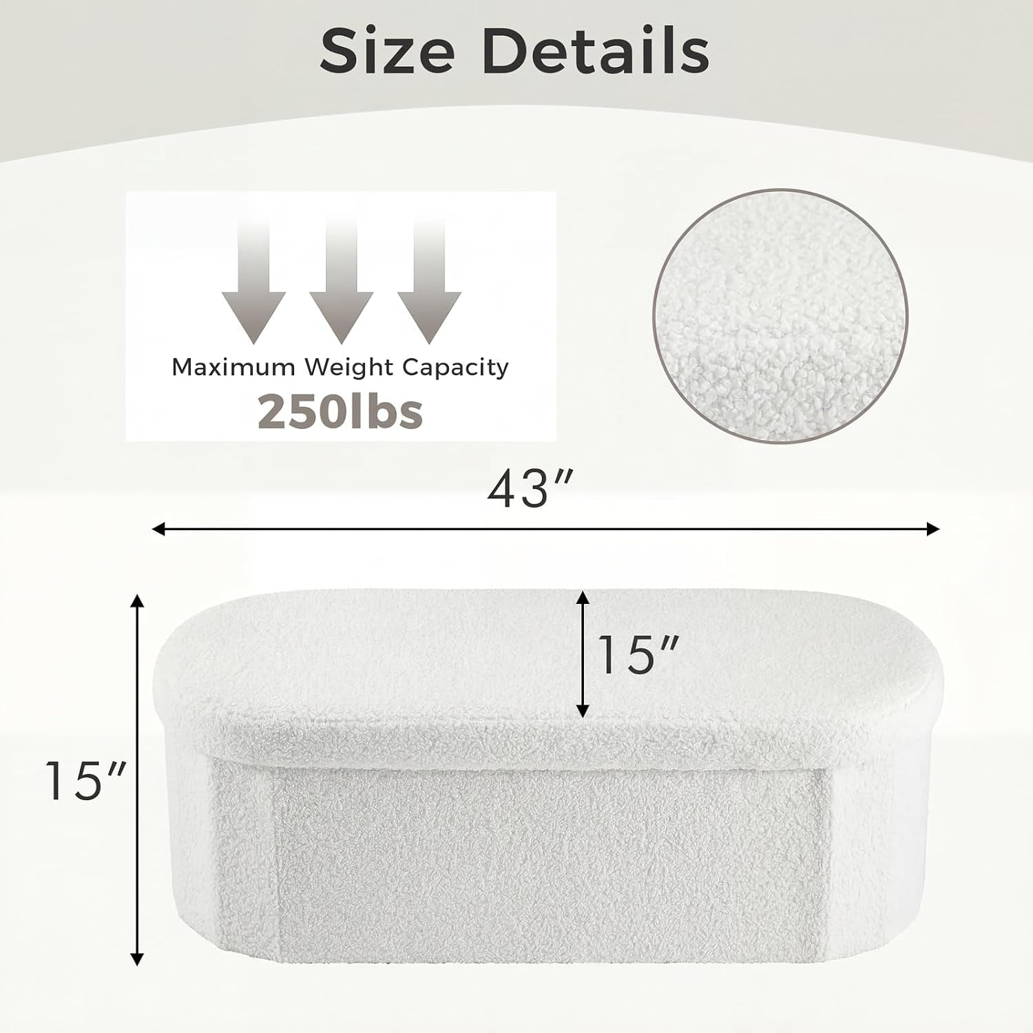 Graphic diagram showing 43" width and 15" height and close-up of white textured fabric