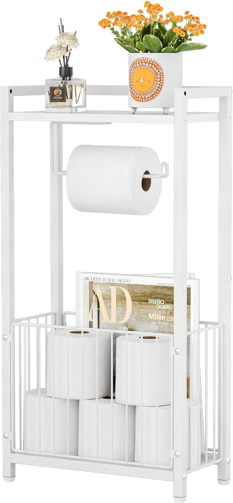 White freestanding toilet-paper holder shown alone with roll on the rod and storage basket filled with rolls.
