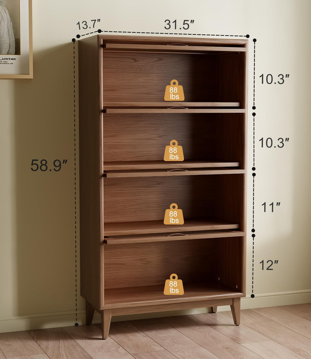 Front view diagram of the bookcase showing stacked compartments with height and shelf measurements